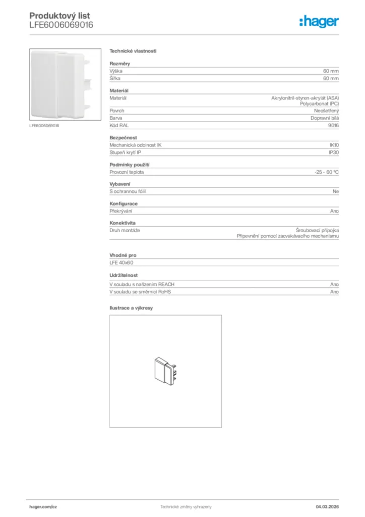 Obrázek Hager Product data sheet LFE6006069016 | Hager