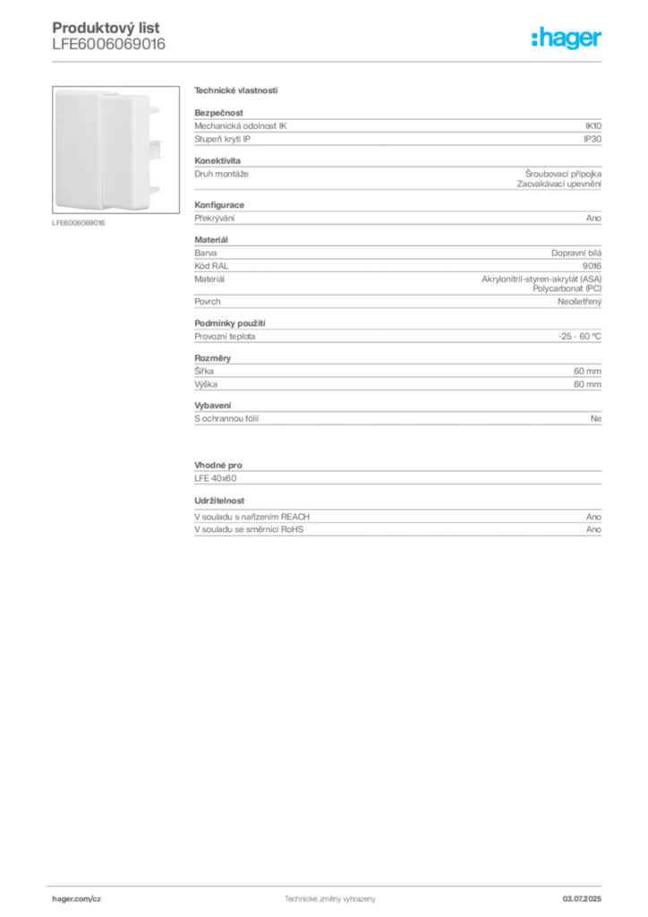 Obrázek Hager Produktový list LFE6006069016 | Hager