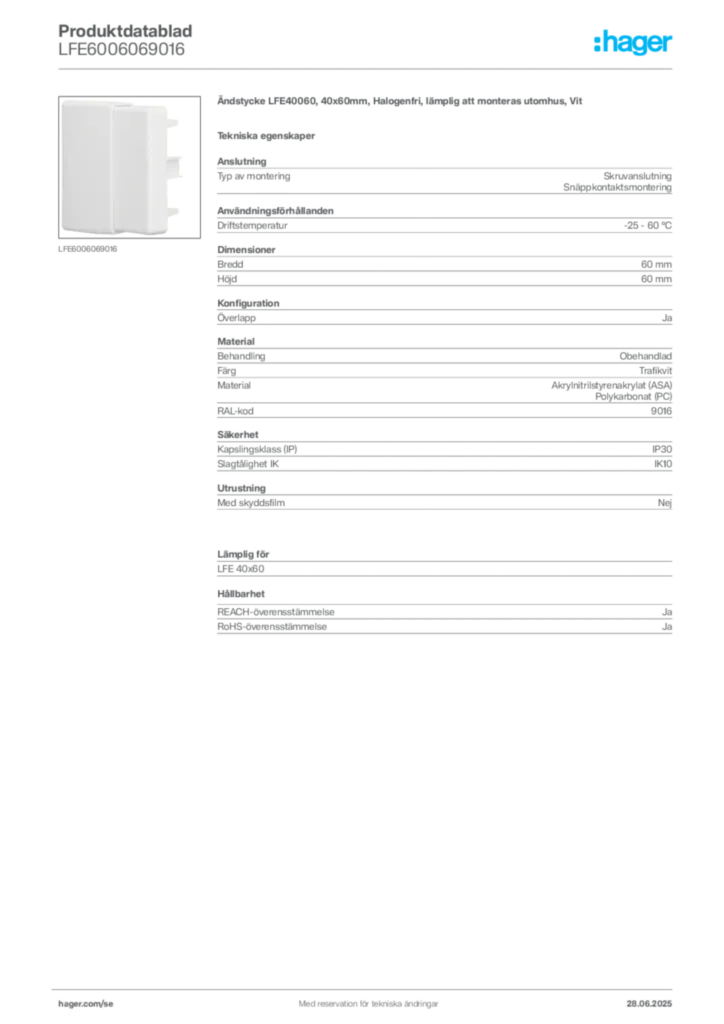 Bild Hager Produktdatablad LFE6006069016 | Hager Sverige