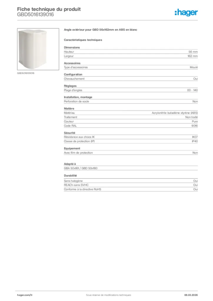 Image Hager Fiche technique du produit GBD5016139016 | Hager France