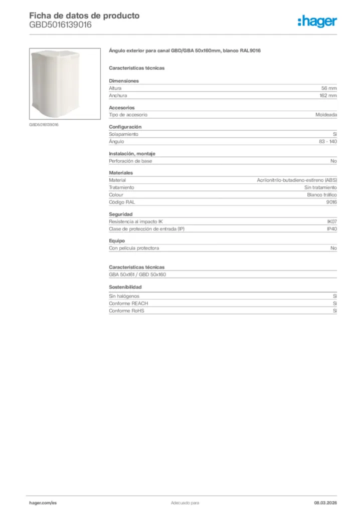 Imagen Hager Ficha de datos de producto GBD5016139016 | Hager España