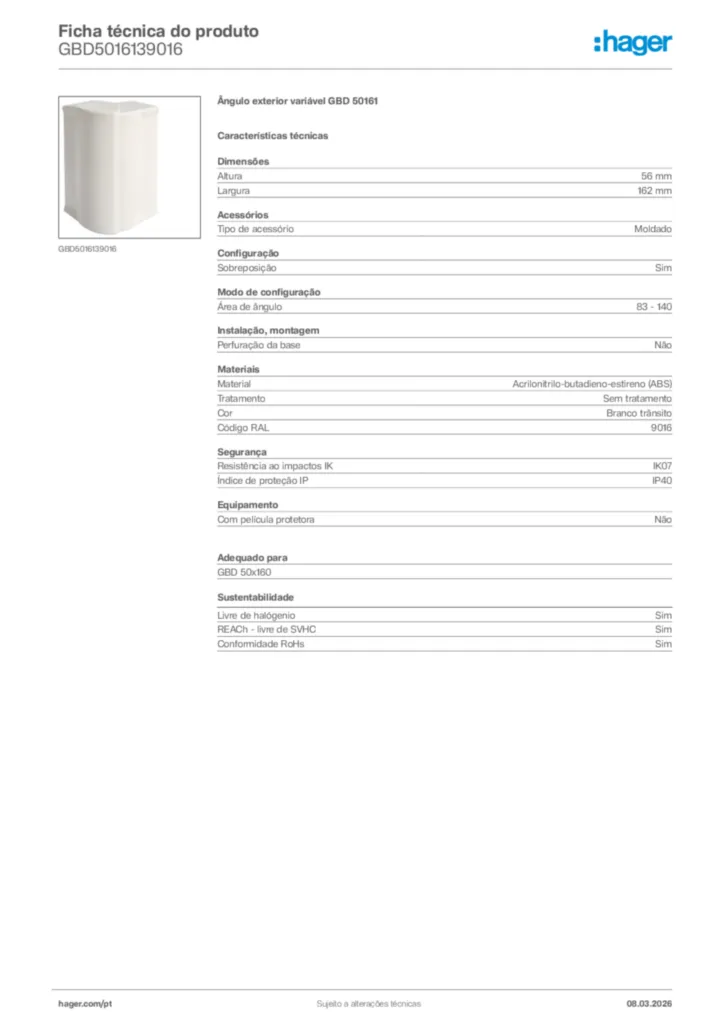 Imagem Hager Ficha técnica do produto GBD5016139016 | Hager Portugal