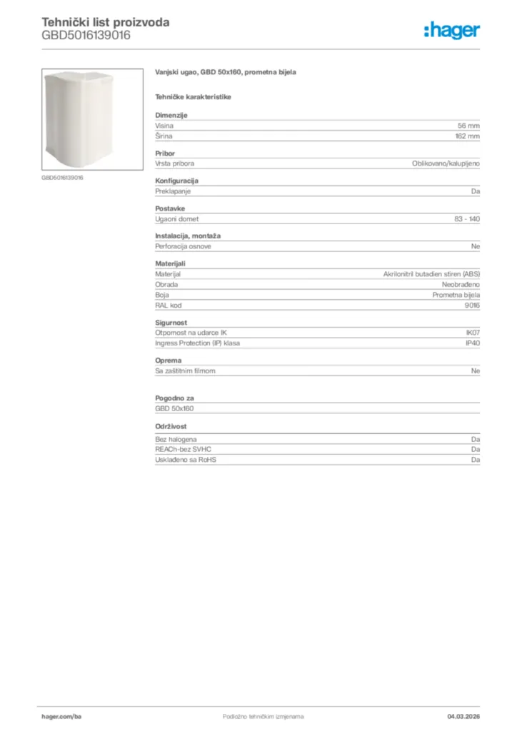 Slika Hager Tehnički list proizvoda GBD5016139016  | Hager