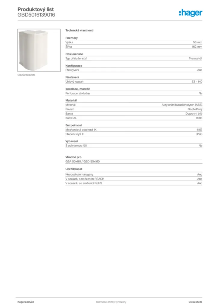 Obrázek Hager Product data sheet GBD5016139016 | Hager