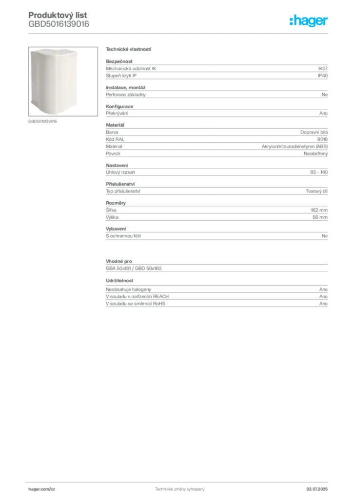 Obrázek Hager Produktový list GBD5016139016 | Hager