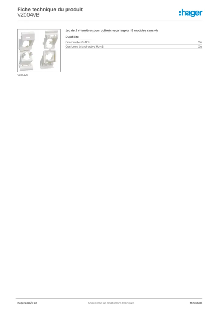 Image Hager Fiche technique du produit VZ004VB | Hager Suisse