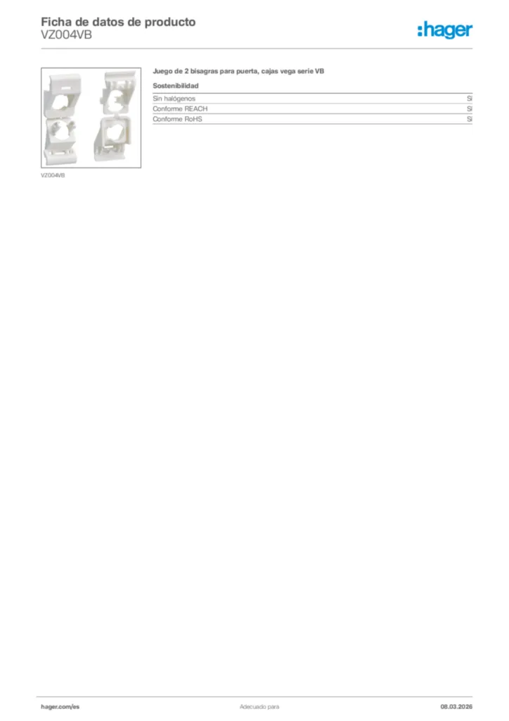 Imagen Hager Ficha de datos de producto VZ004VB | Hager España