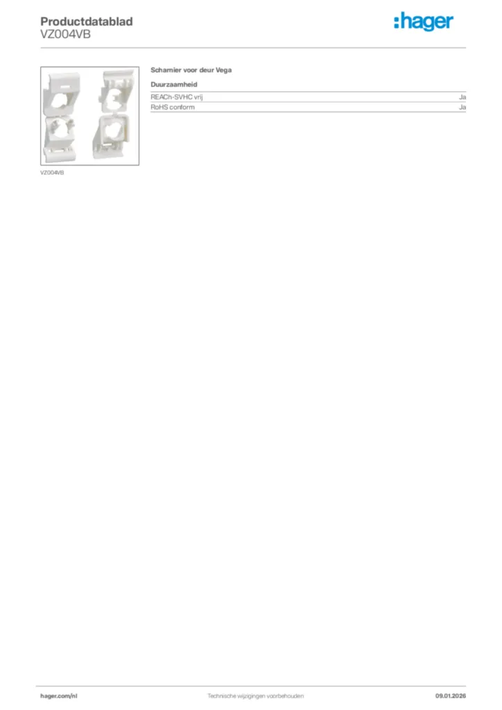Afbeelding Hager Productdatablad VZ004VB | Hager Nederland