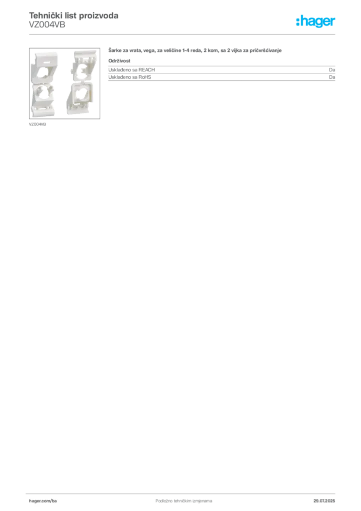 Slika Hager Product data sheet VZ004VB  | Hager