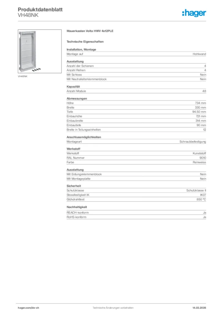 Bild Hager Produktdatenblatt VH48NK | Hager Schweiz