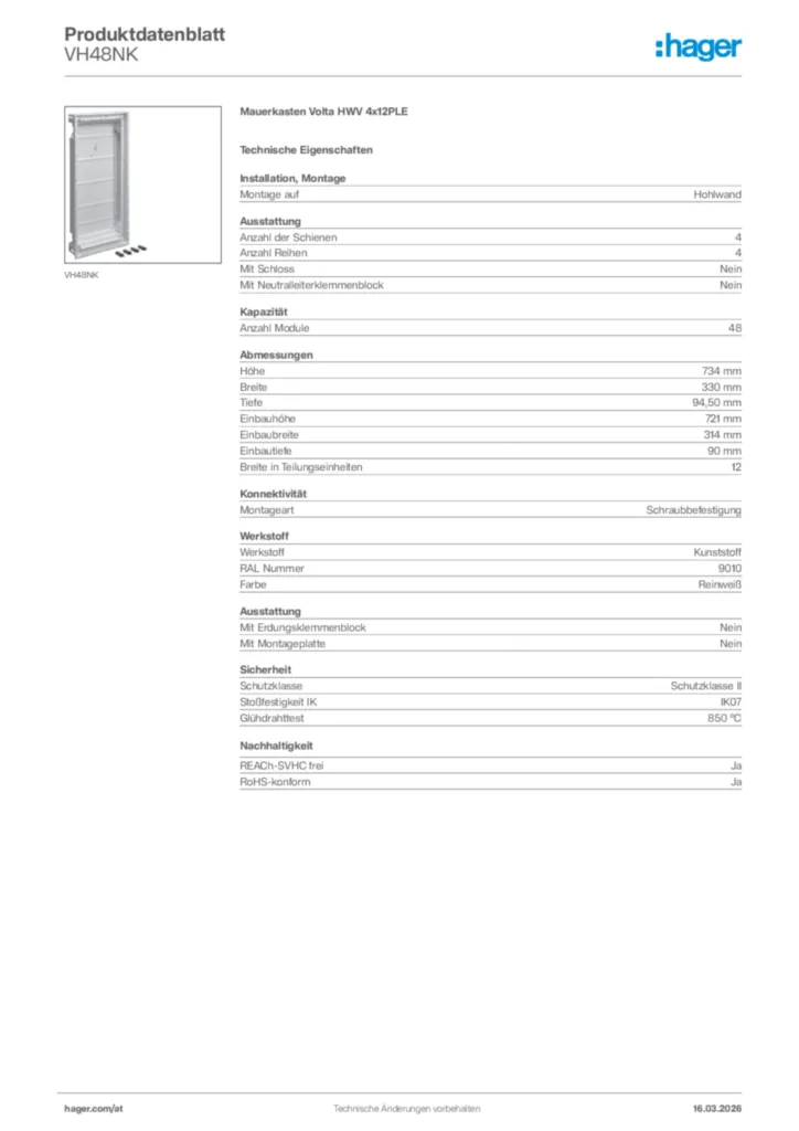 Bild Hager Produktdatenblatt VH48NK | Hager Deutschland