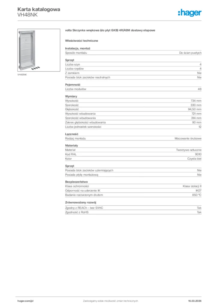 Zdjęcie Hager Karta katalogowa VH48NK | Hager Polska
