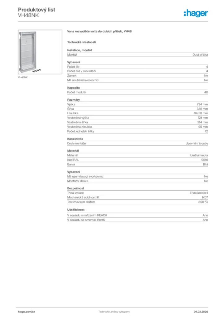 Obrázek Hager Product data sheet VH48NK | Hager