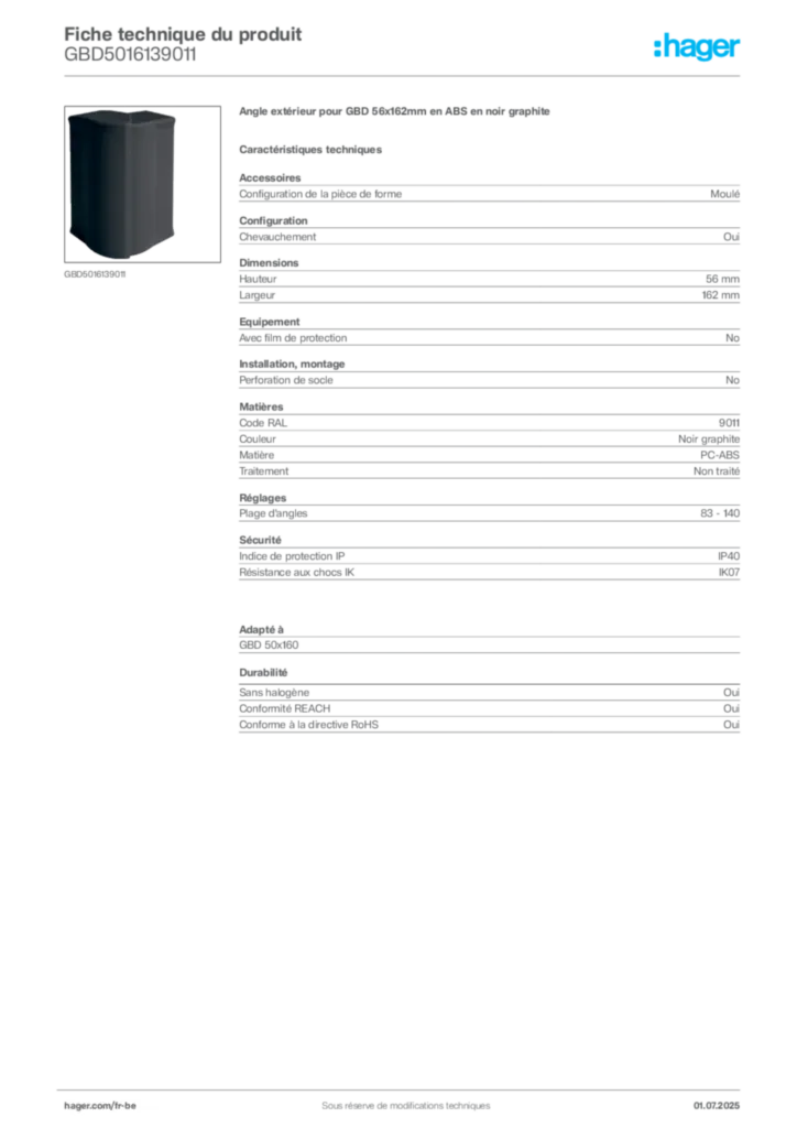 Image Hager Fiche technique du produit GBD5016139011 | Hager Belgique