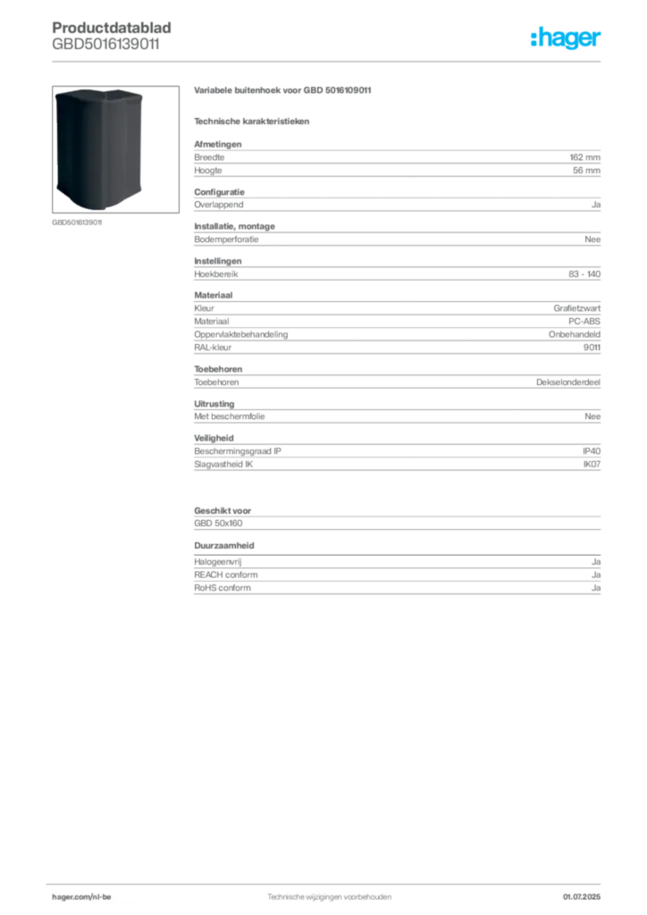 Afbeelding Hager Productdatablad GBD5016139011 | Hager Belgium