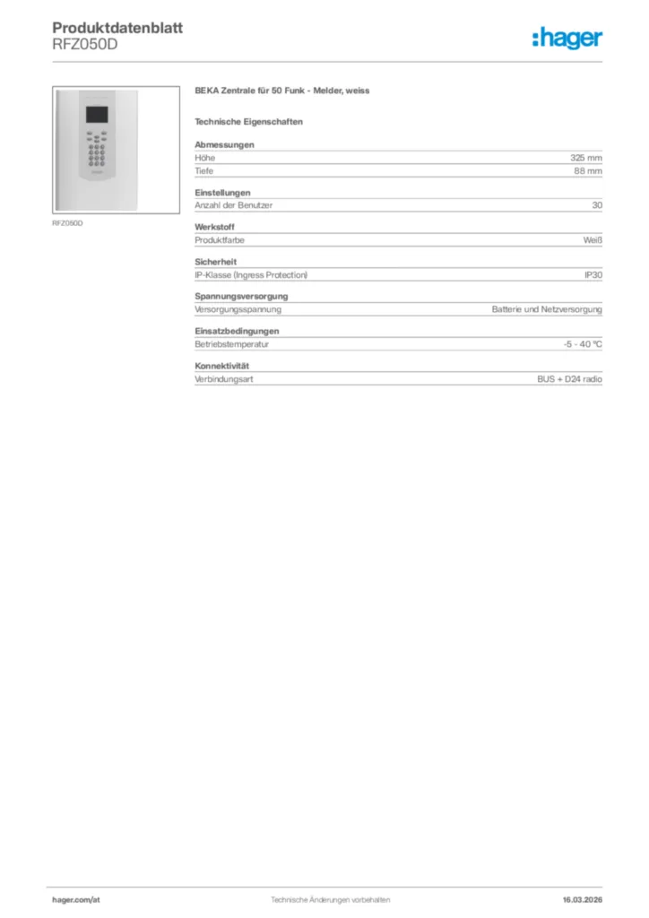 Bild Hager Produktdatenblatt RFZ050D | Hager Deutschland
