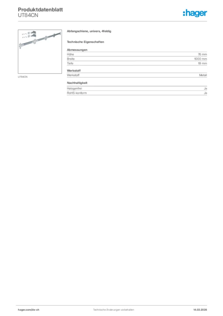 Bild Hager Produktdatenblatt UT84CN | Hager Schweiz