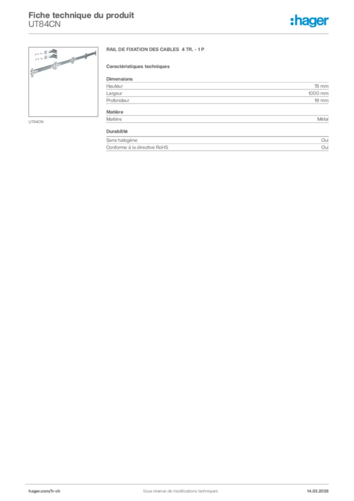 Image Hager Fiche technique du produit UT84CN | Hager Suisse