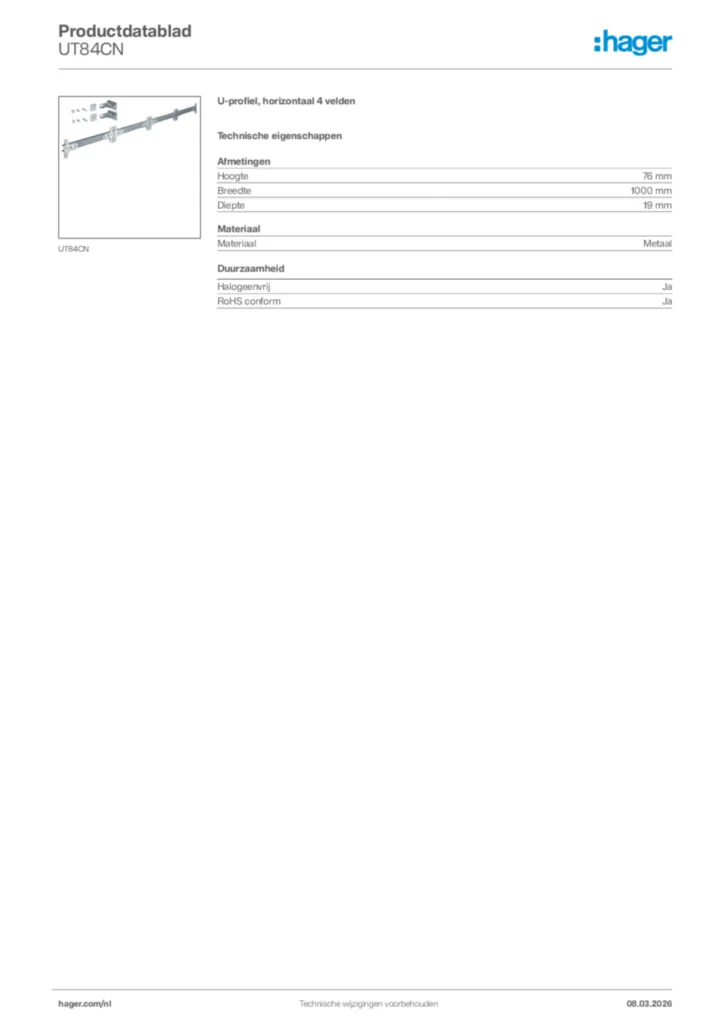 Afbeelding Hager Productdatablad UT84CN | Hager Nederland