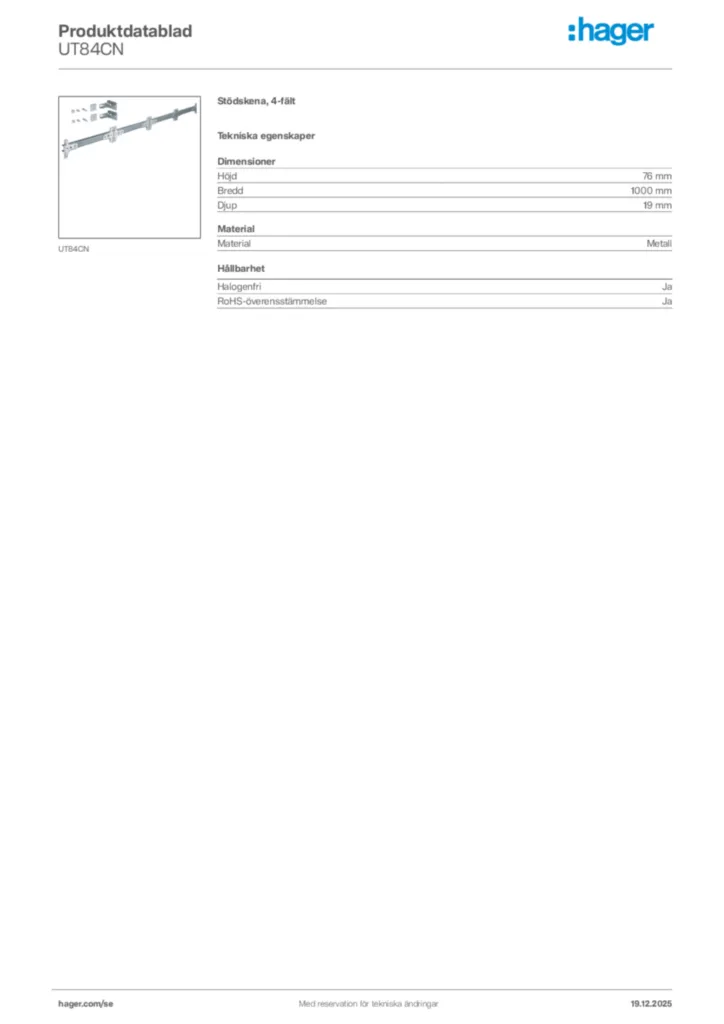 Bild Hager Produktdatablad UT84CN | Hager Sverige