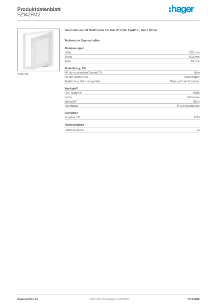 Bild Hager Produktdatenblatt FZ142FM2 | Hager Schweiz