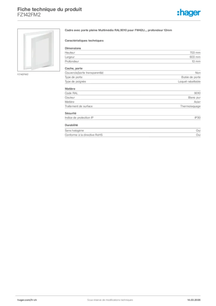 Image Hager Fiche technique du produit FZ142FM2 | Hager Suisse