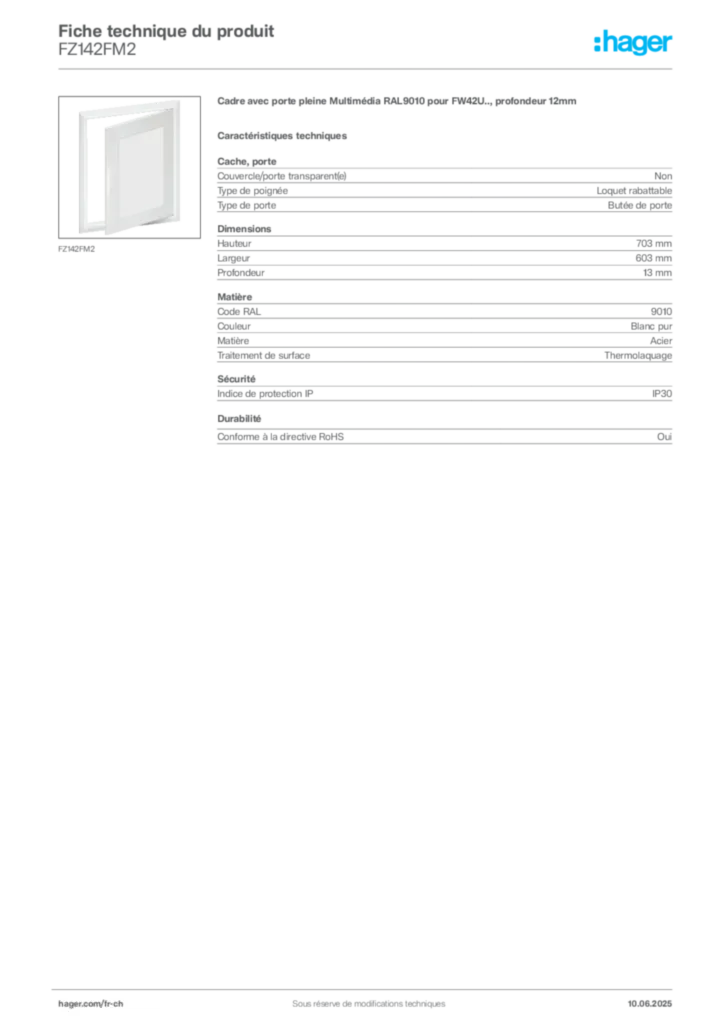 Image Hager Fiche technique du produit FZ142FM2 | Hager Suisse