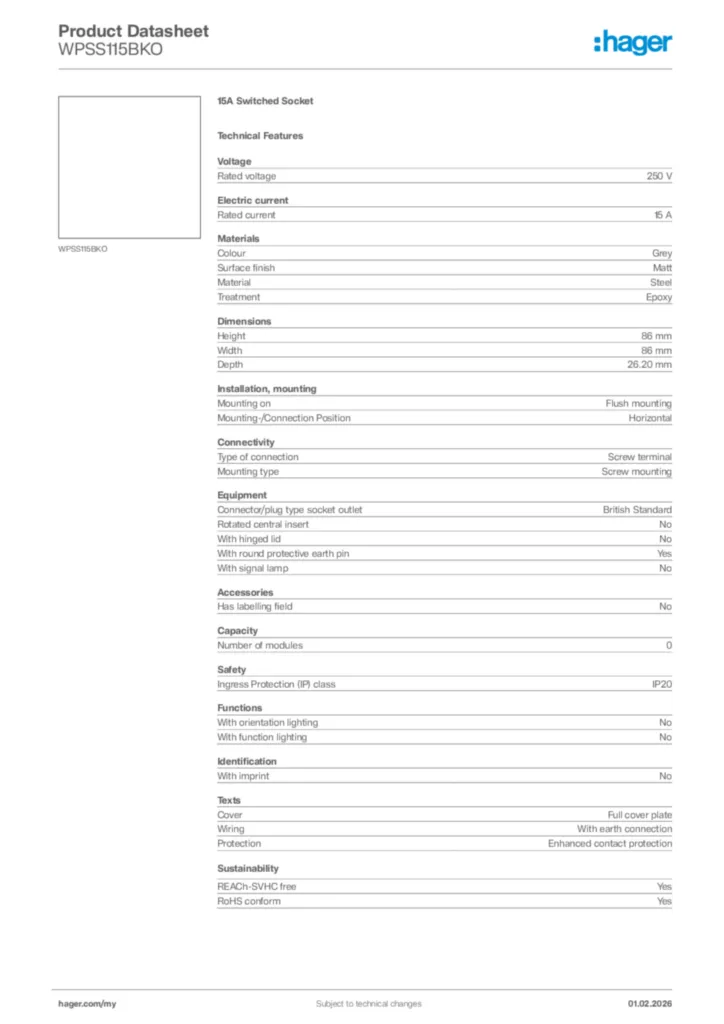 Image Hager Product data sheet WPSS115BKO  | Hager