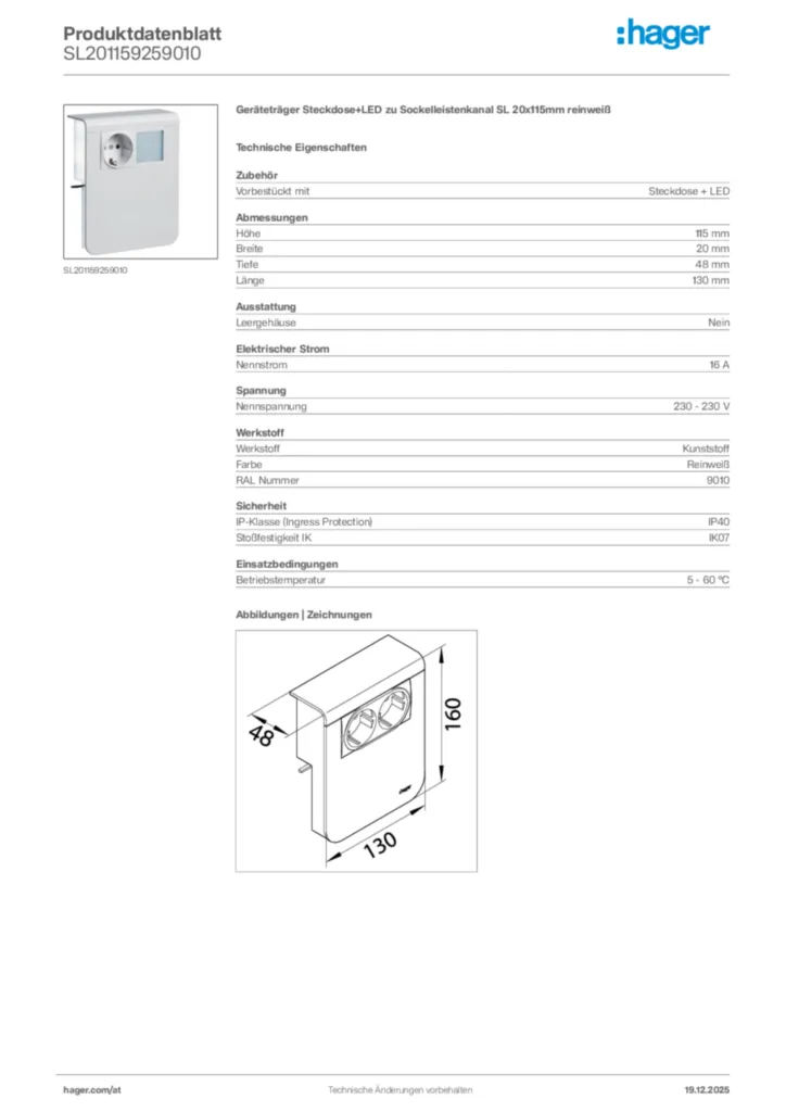 Bild Hager Produktdatenblatt SL201159259010 | Hager Deutschland