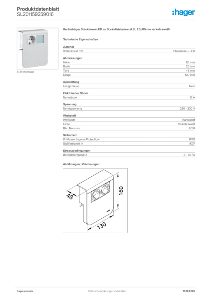 Bild Hager Produktdatenblatt SL201159259016 | Hager Deutschland