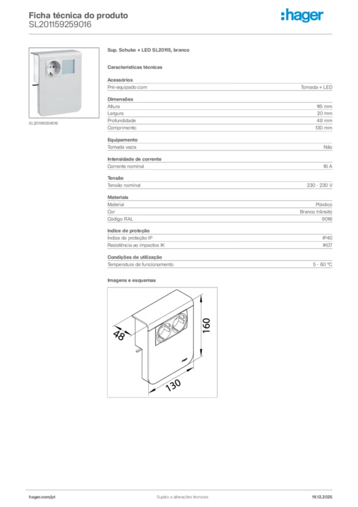 Imagem Hager Ficha técnica do produto SL201159259016 | Hager Portugal