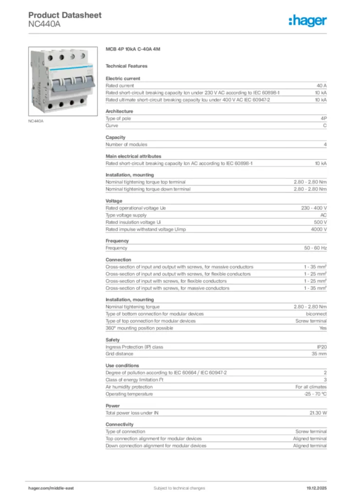 Image Hager Product data sheet NC440A  | Hager