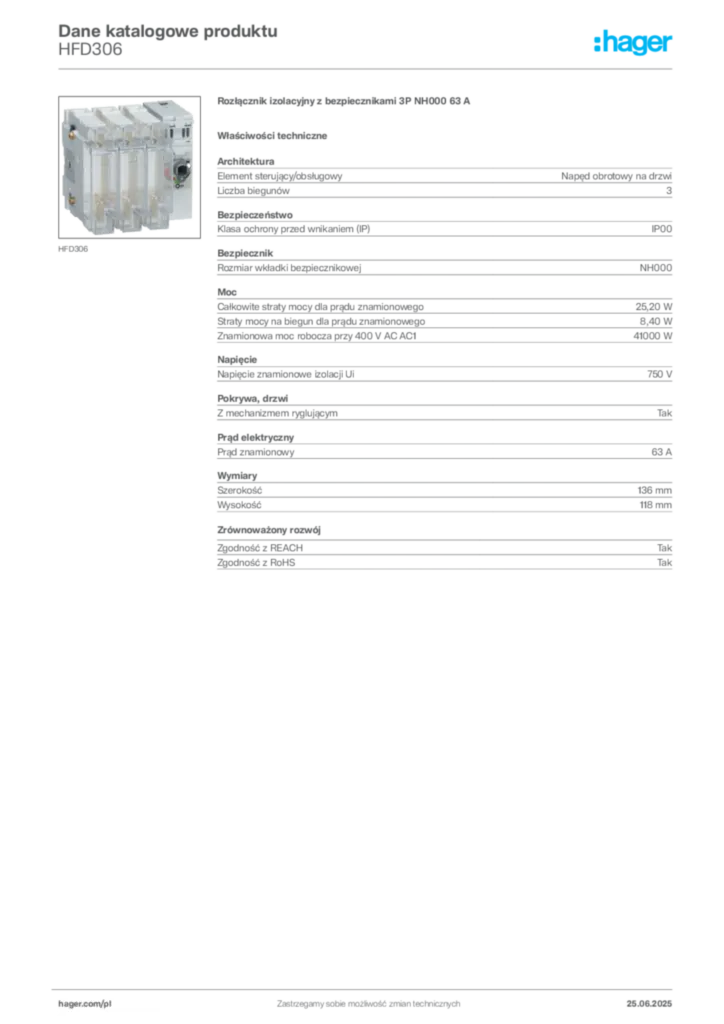 Zdjęcie Hager Karta katalogowa HFD306 | Hager Polska