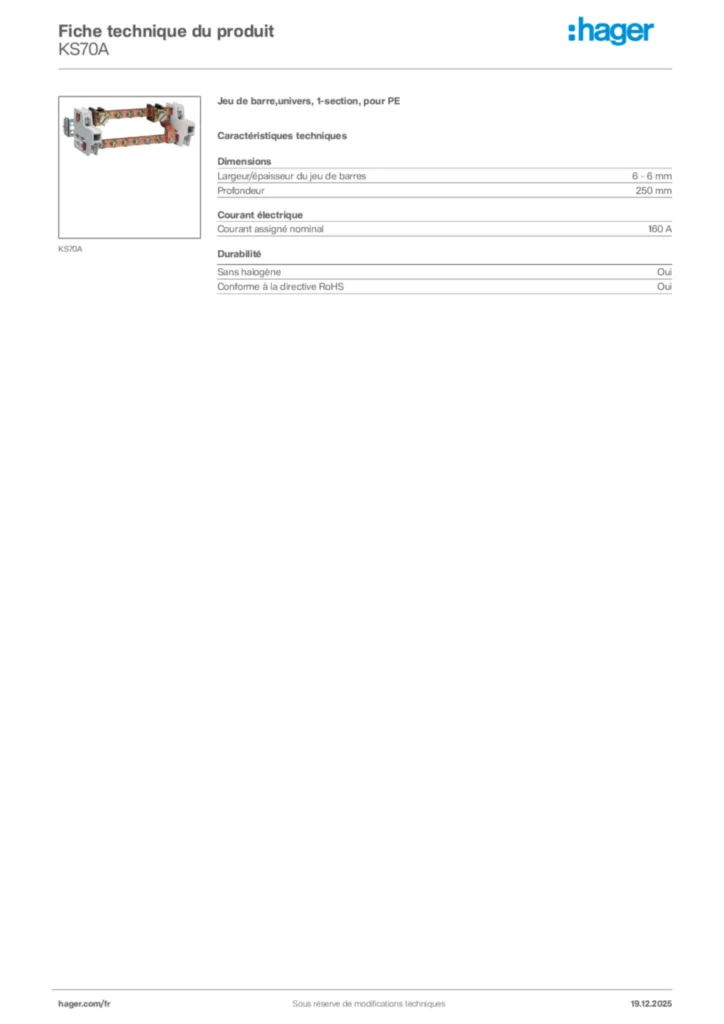 Image Hager Fiche technique du produit KS70A | Hager France