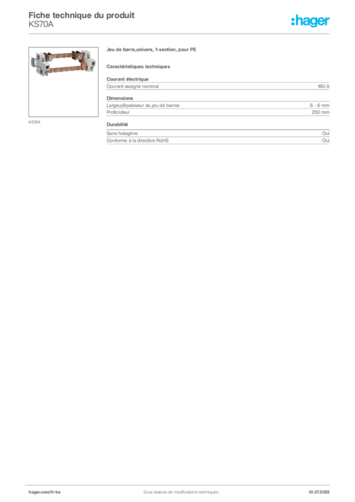 Image Hager Fiche technique du produit KS70A | Hager Belgique