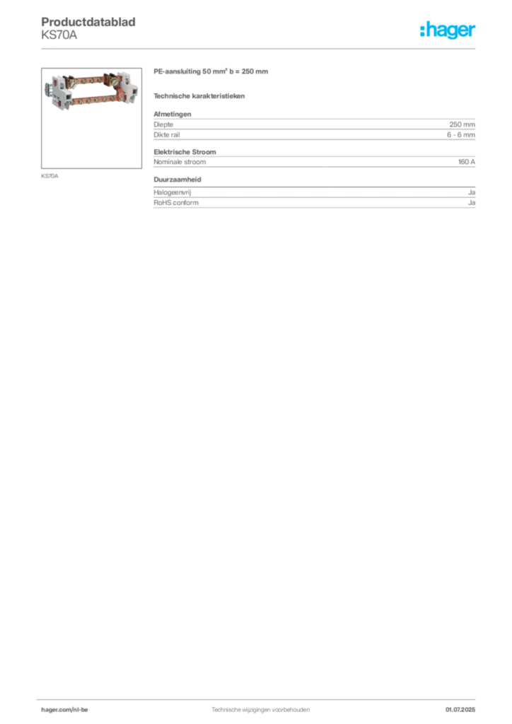 Afbeelding Hager Productdatablad KS70A | Hager Belgium
