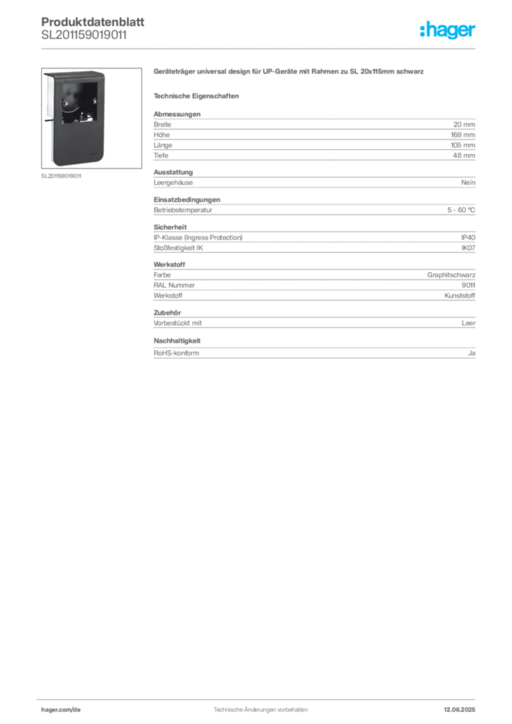 Bild Hager Produktdatenblatt SL201159019011 | Hager Deutschland