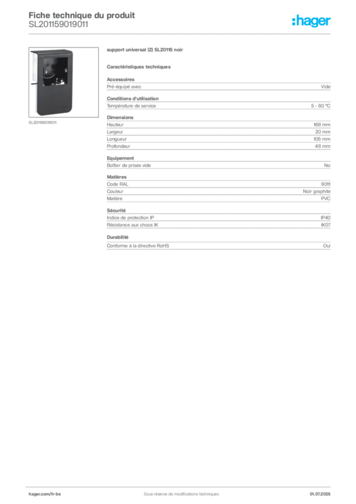 Image Hager Fiche technique du produit SL201159019011 | Hager Belgique