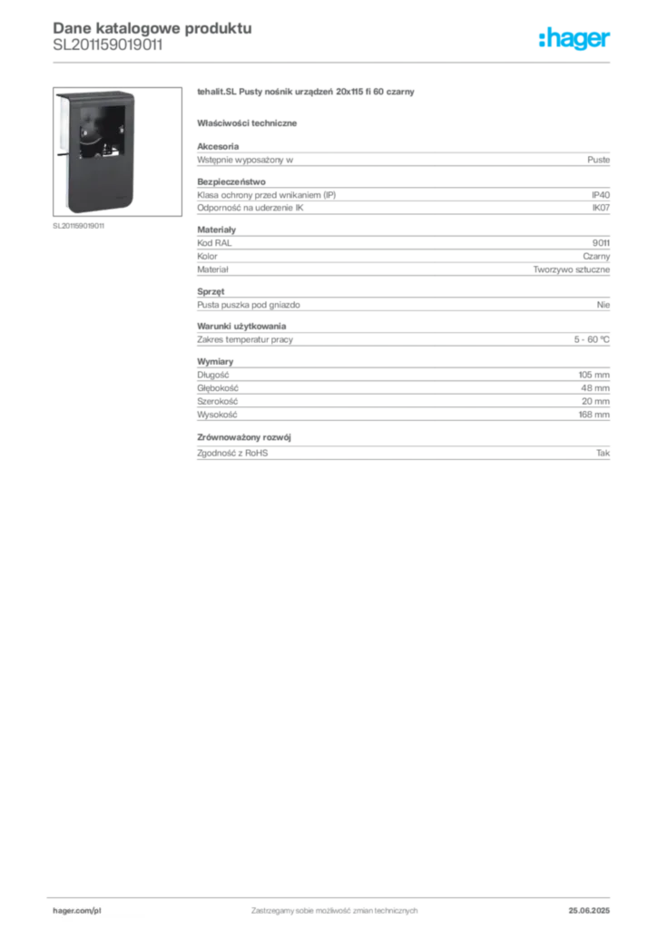 Zdjęcie Hager Karta katalogowa SL201159019011 | Hager Polska