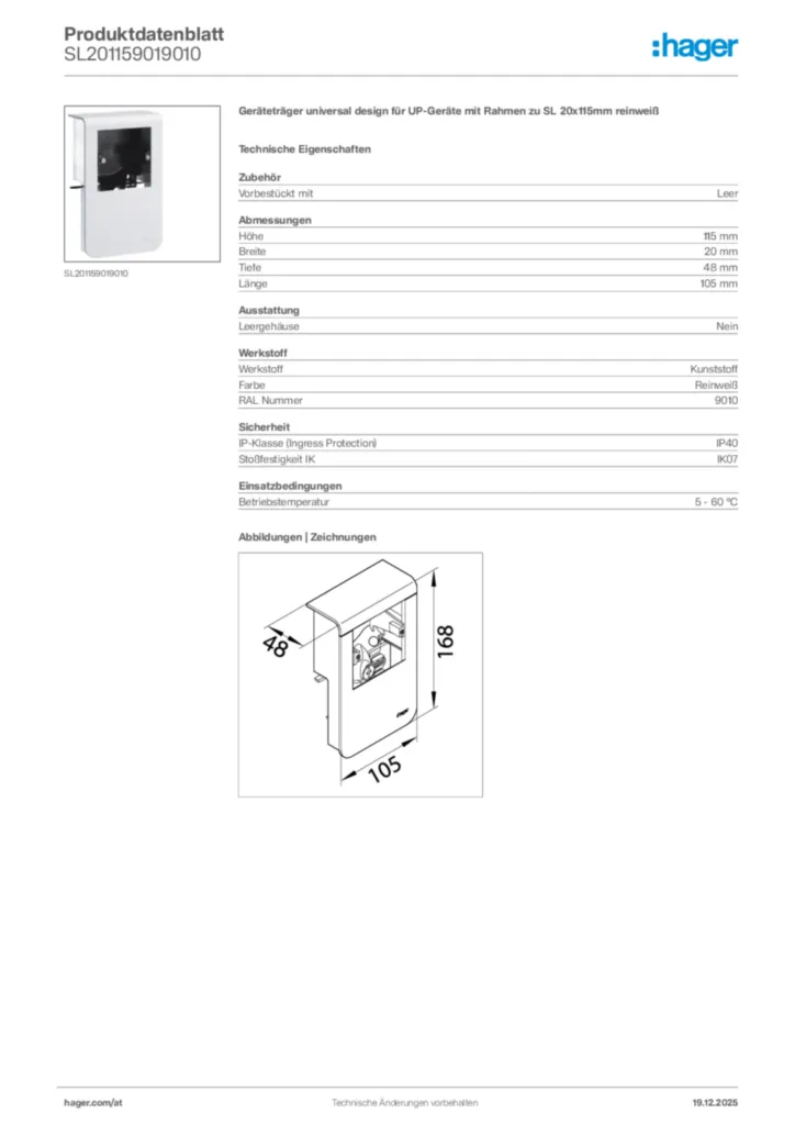 Bild Hager Produktdatenblatt SL201159019010 | Hager Deutschland