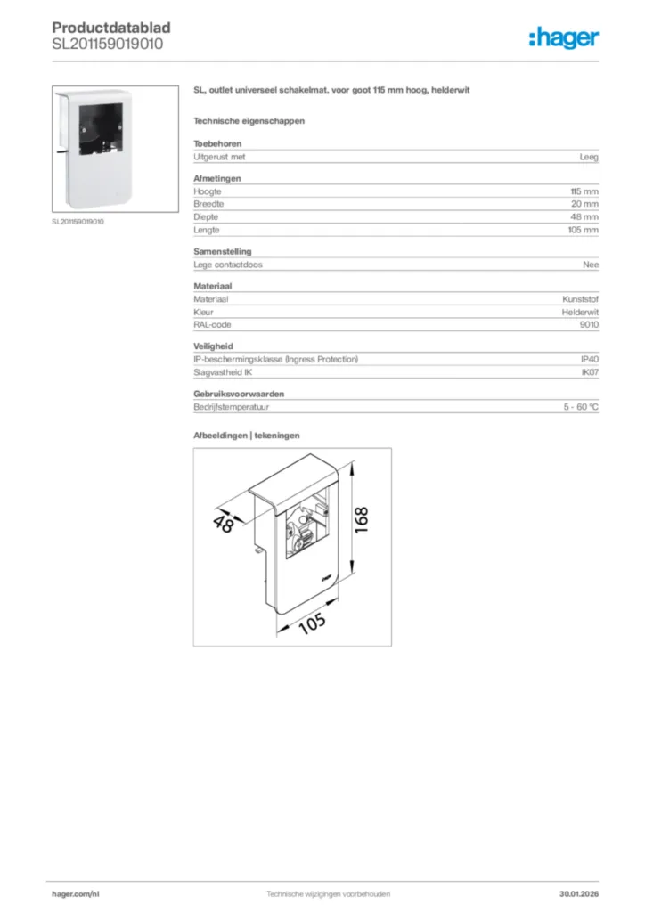 Afbeelding Hager Productdatablad SL201159019010 | Hager Nederland