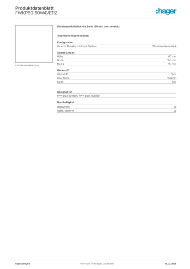 Bild Hager Produktdatenblatt FWKP60150W4VERZ | Hager Deutschland