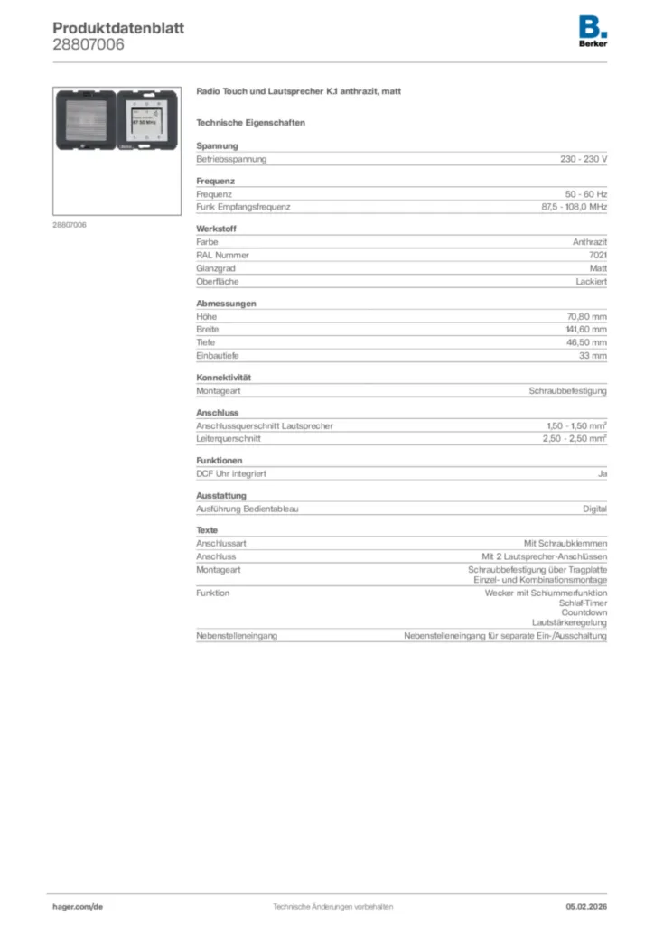 Bild Berker Produktdatenblatt 28807006 | Hager Deutschland