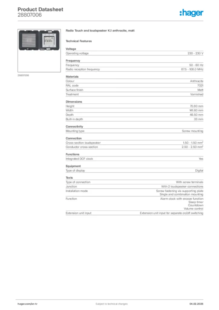 Image Hager Product data sheet 28807006  | Hager
