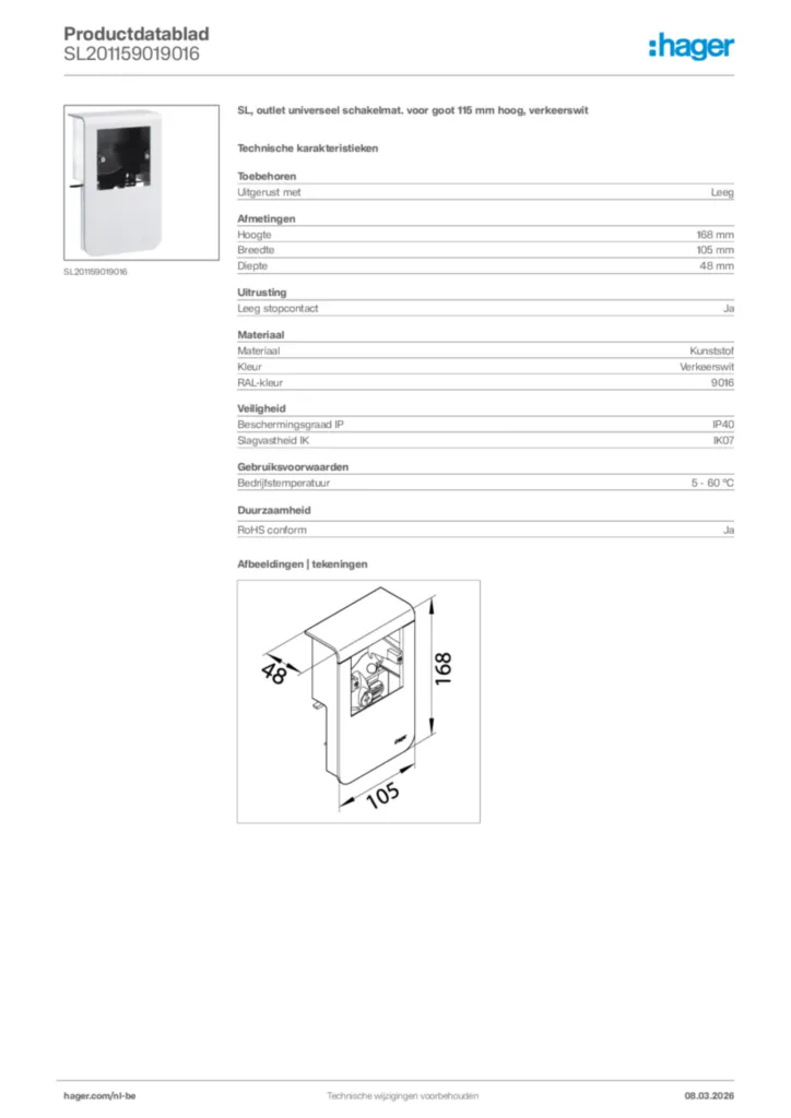 Afbeelding Hager Productdatablad SL201159019016 | Hager Belgium