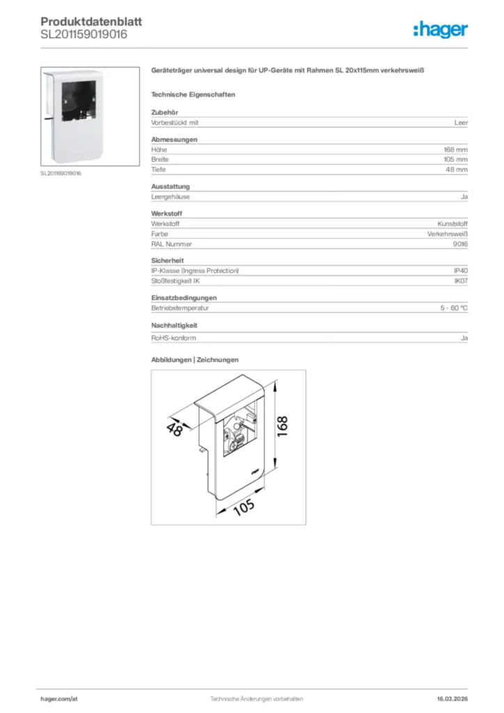 Bild Hager Produktdatenblatt SL201159019016 | Hager Deutschland