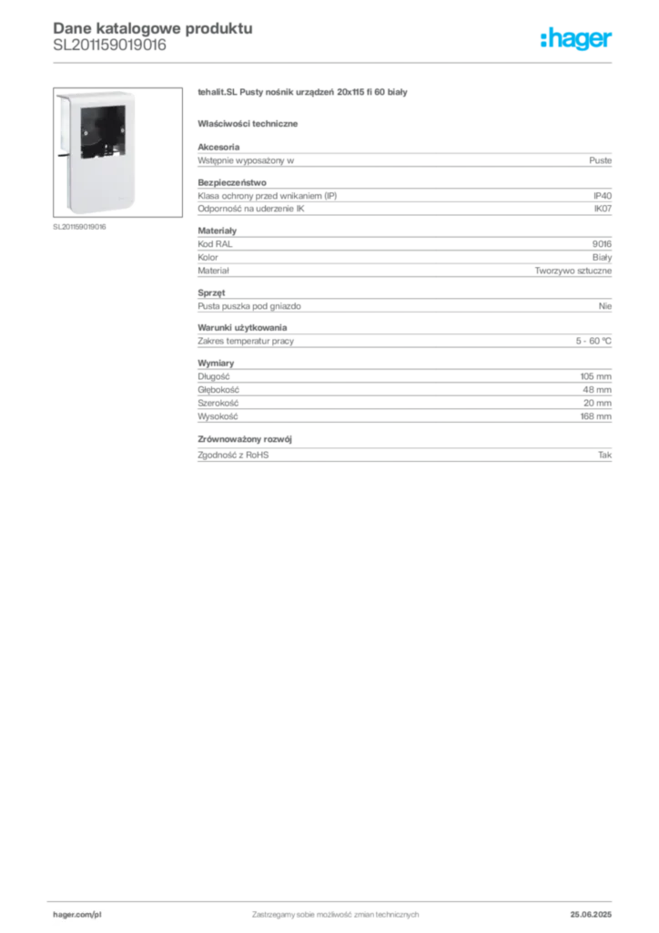 Zdjęcie Hager Karta katalogowa SL201159019016 | Hager Polska