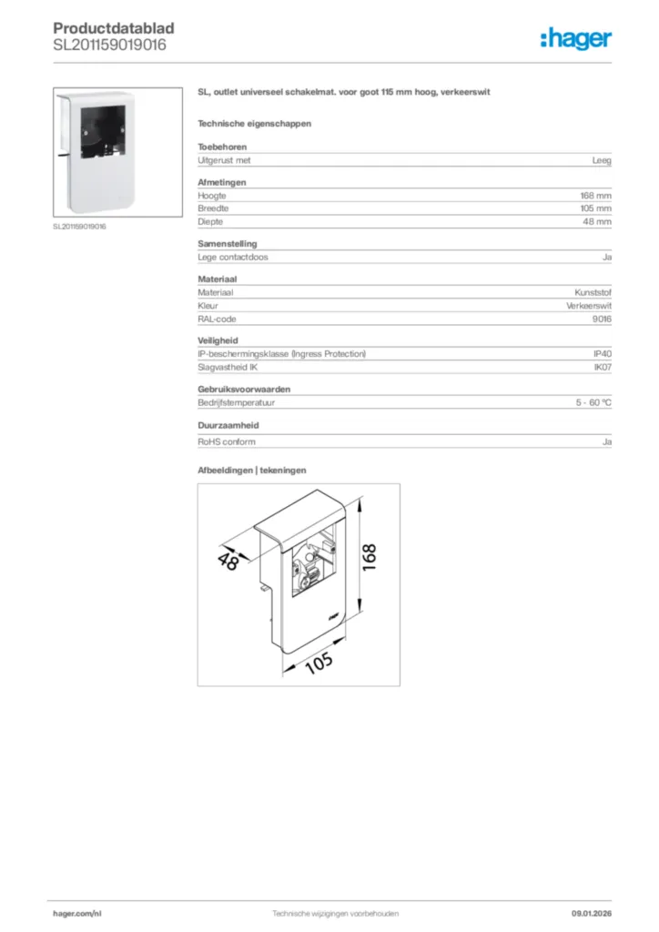 Afbeelding Hager Productdatablad SL201159019016 | Hager Nederland
