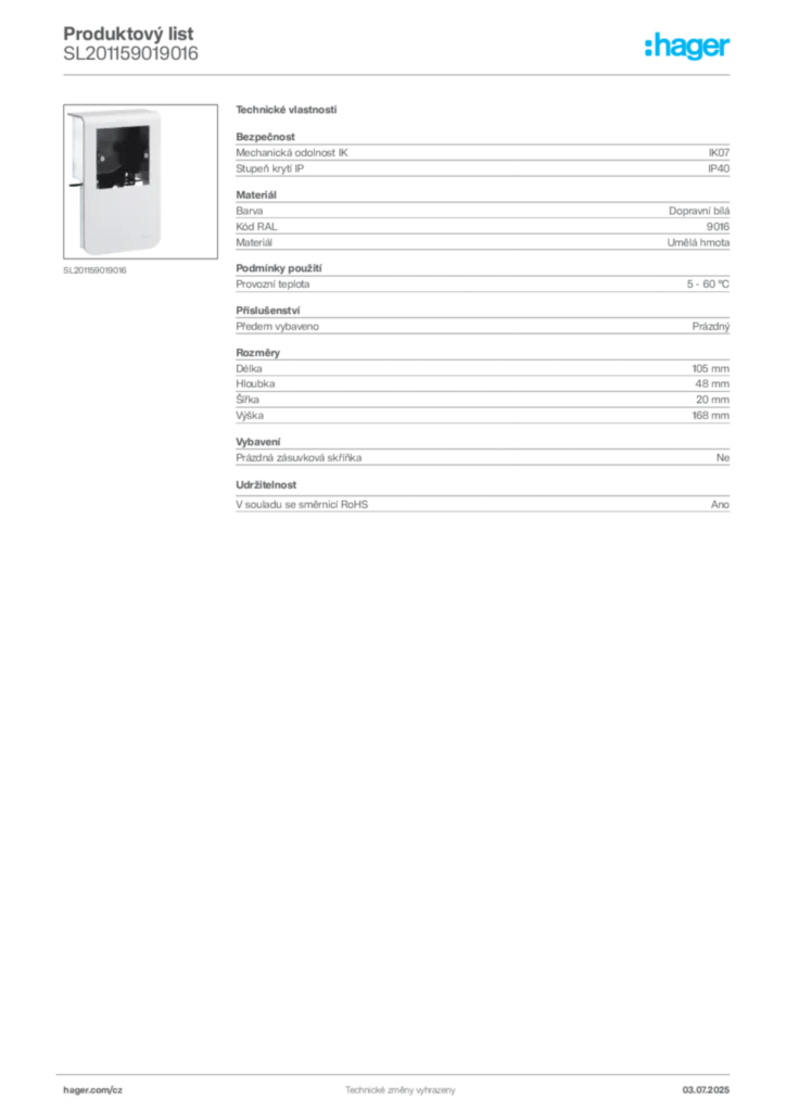 Obrázek Hager Produktový list SL201159019016 | Hager