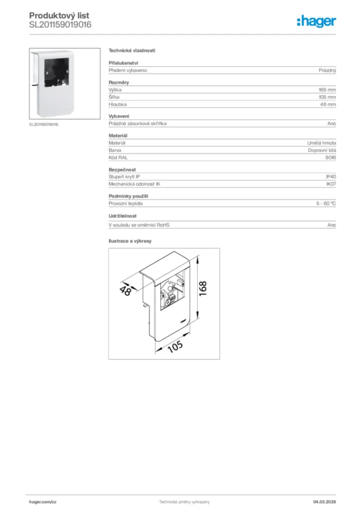 Obrázek Hager Product data sheet SL201159019016 | Hager